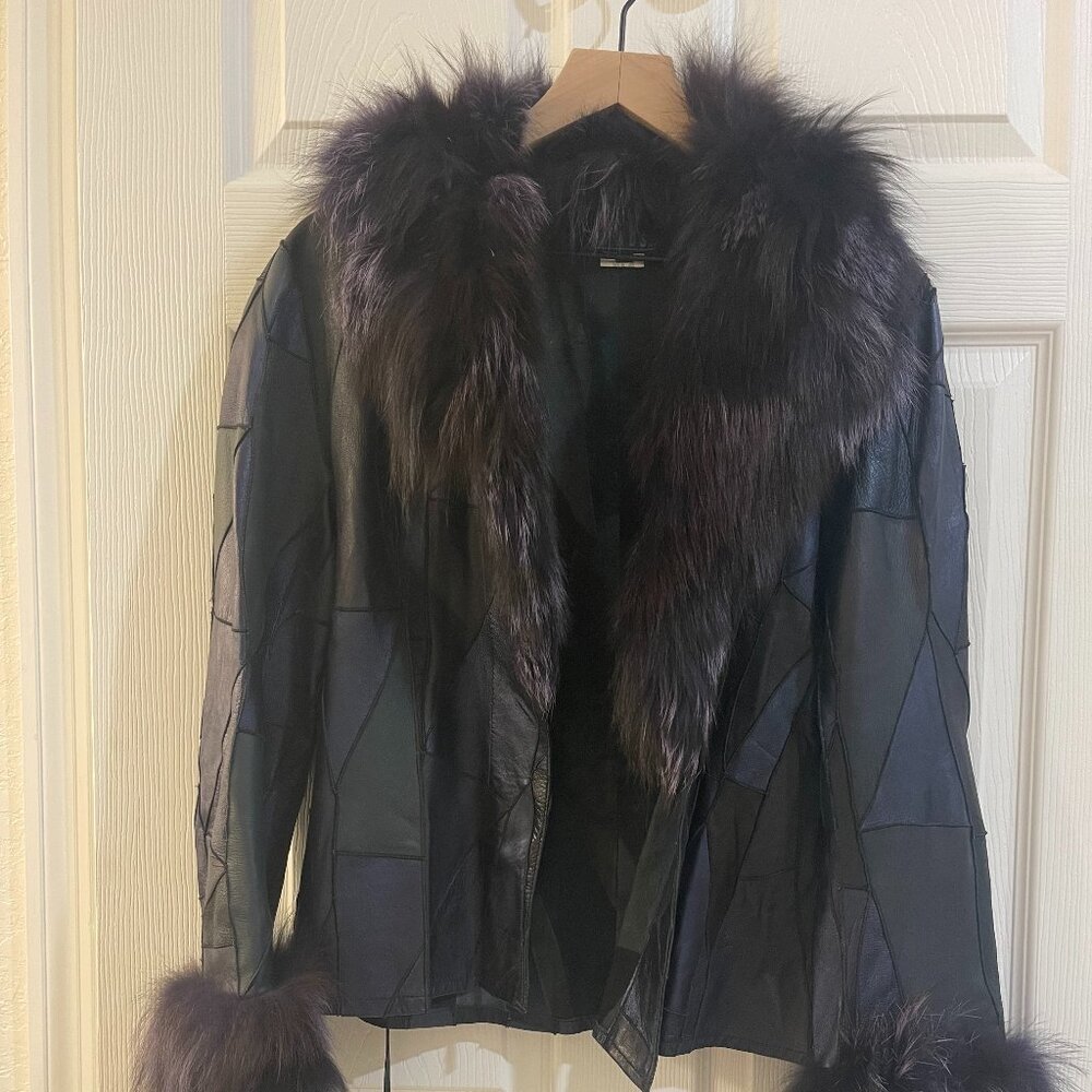 Stunning Vintage Patchwork Leather Jacket Faux Fur Trim Made in France Size S